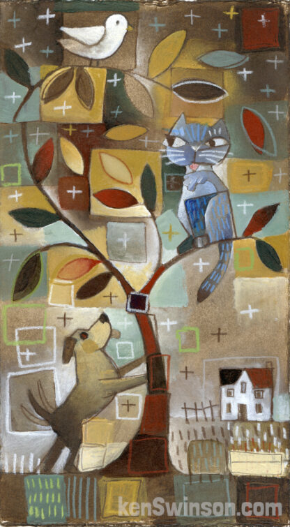 folk art style painting of a dog cat and bird in and below a tree