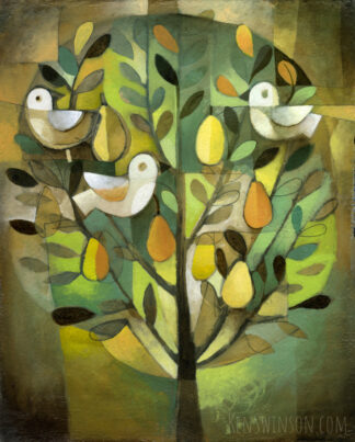 abstract folk art style painting of fruit tree with white birds in it