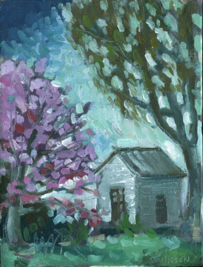 plein air paining by ken swinson of garden shed with flowering tree