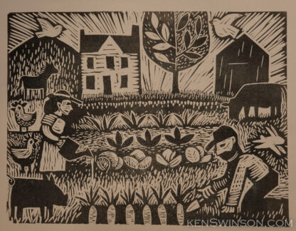 linocut of man and woman working in garden