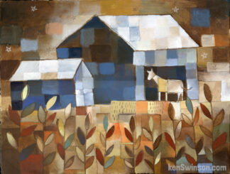 abstract folk art style painting of horse in barn