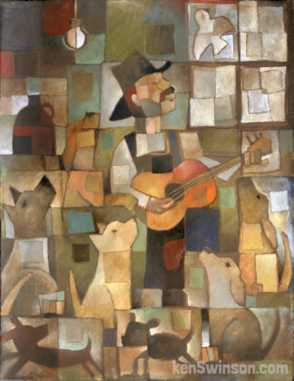 man with guitar singing to group of dogs