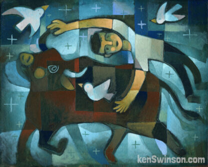 abstract folk art style painting of a man grabbing a bull by the horn
