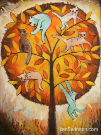 folk art orange painting of cats in a tree