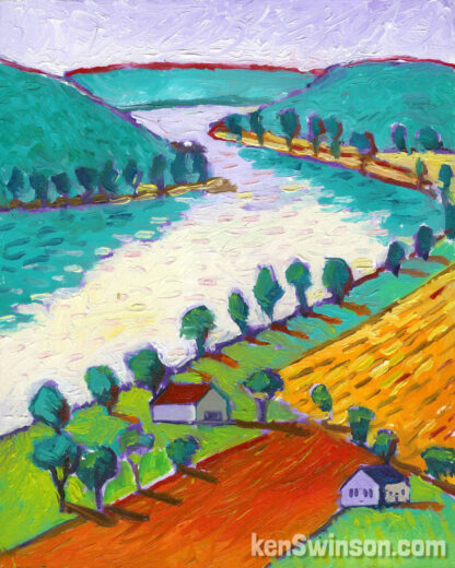 colorful folk art style painting of a bend in the river from a high up perspective
