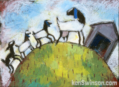 folk art style paintig of goats on a hill in front of a barn