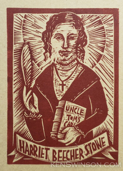 Linocut notecard of Harriett Beecher Stowe holding a quill and copy of Uncle Tom's Cabin