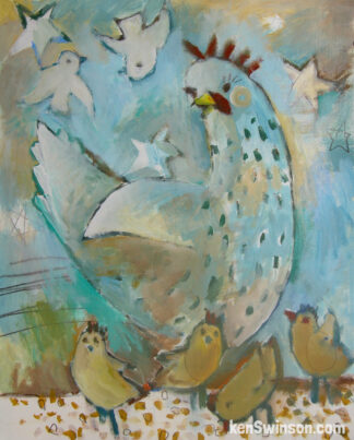 folk art style painting of chicken with chicks blue