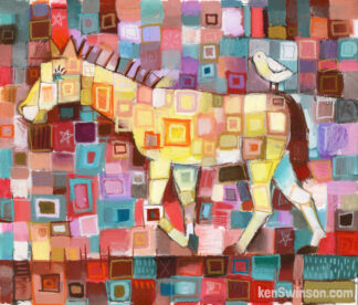 colorful abstract folk art style painting of horse with bird