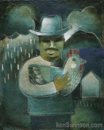 folk art style painting of a man with white cowboy hat holding a chicken