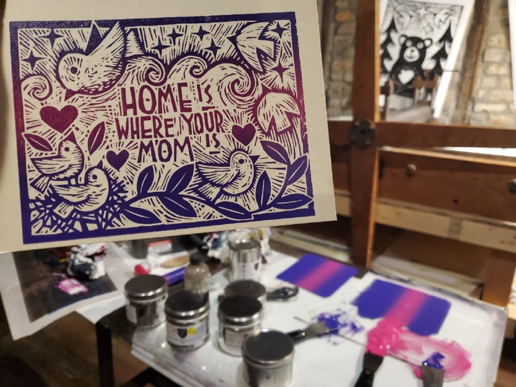 finished woodcut: home is where your mom is