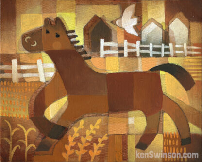 folk art style painting of horse in field with bird white buildings in the distance yellow orange