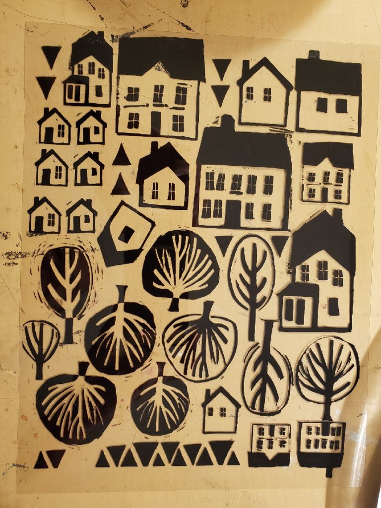 positive of design for screenprint houses and trees