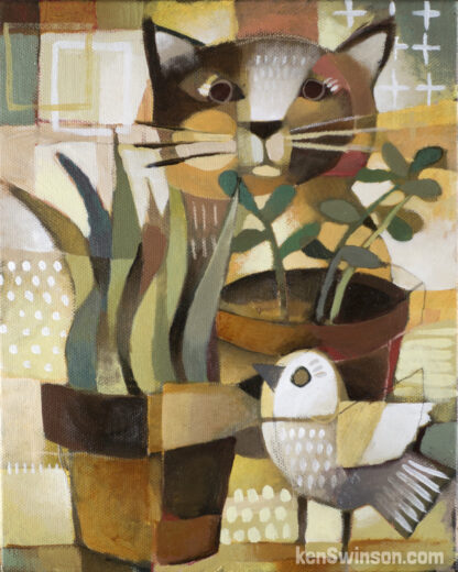 painting of cat looking at bird through houseplant