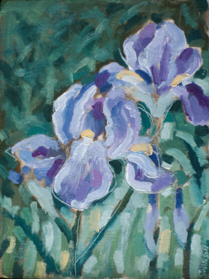 plein air painting by ken swinson of purple irises