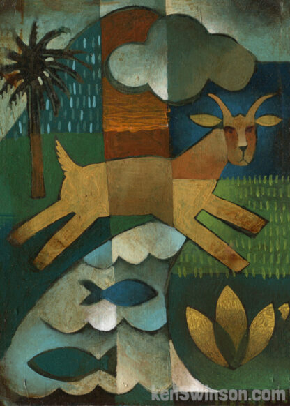 abstract folk art style painting of a goat jumping over a creek with fish a palm tree and mountain is in the background