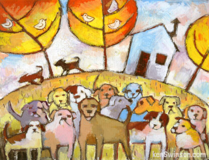 folk art style painting of many dogs in front of house