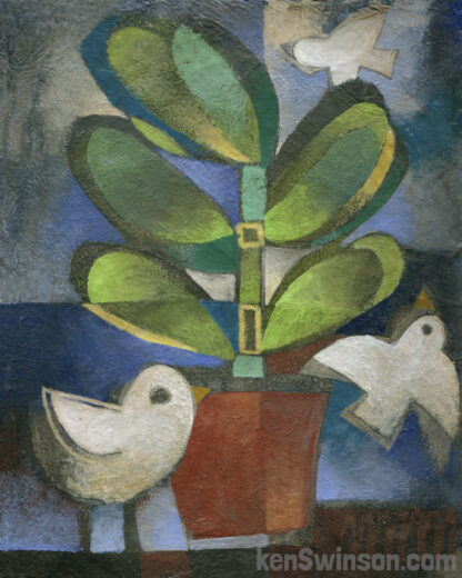 a folk art style painting of a potted plant with 2 birds in the forground