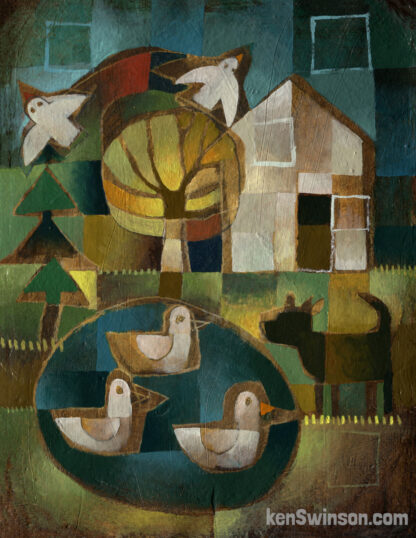 folk art style painting of 3 ducks in a pond with dog at shore