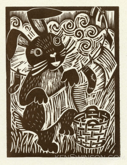 woodcut of rabbit hanging laundry on a clothesline