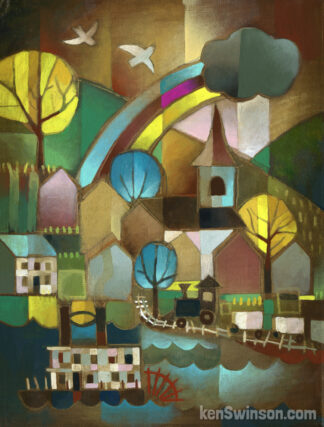 colorful abstract folk art style painting of a paddleboat in the foreground, with a river village, with train hills and a rainbow in the background