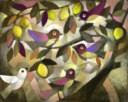 folk art abstract style painting of brown birds in a lemon tree