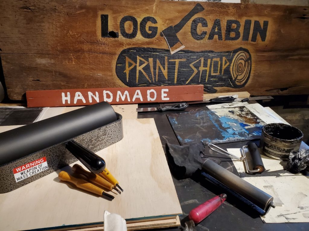 still life photo of printmaking materials at the log cabin print shop in Old washington kentucky