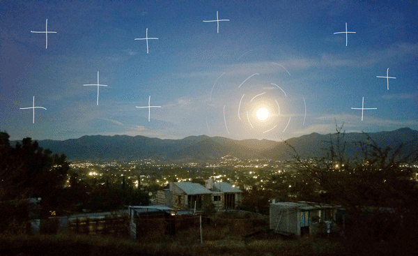 photo of moon rising with animated stars over soledad etla oaxaca mexico