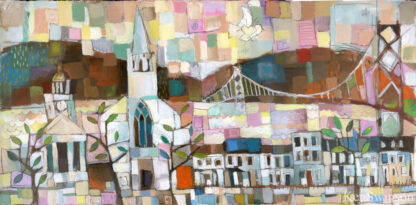 folk art style abstract painting of town by river with courthouse church bridge and row of houses