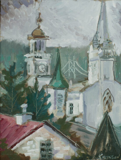 plein air painting by artist ken swinson of the view of maysville with churches the courthouse and bridge kentucky