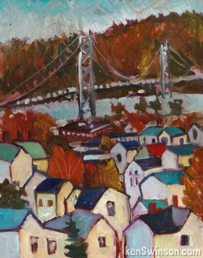 plein air folk art style painting of maysville kentucky river town with bridge in the background