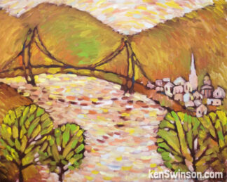 folk art style painting of maysville kentucky river town with bridge orange