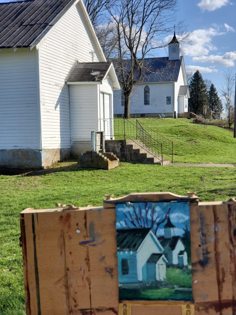 plein air painting of two churches in minerva Kentucky by artist ken swinson