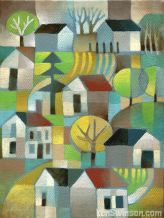 abstract folk art style painting of a country road going through misty hills with barns and houses