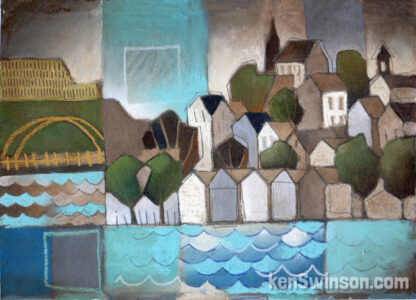 folk art abstract style painting of mt adams, the cincinnati neighborhood on a hill beside the ohio river
