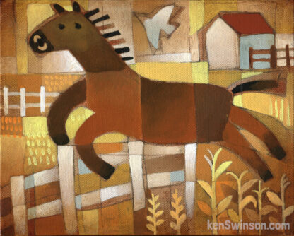 folk art abstract style painting of a horse jumping over a fence