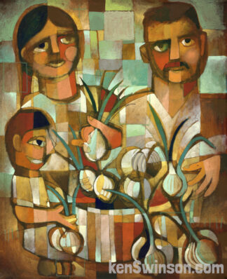folk art abstract style painting of a man woman and child selling onions
