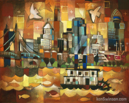 folk art abstract style painting of cincinnati’s skyline with a paddleboat in the river in the foreground