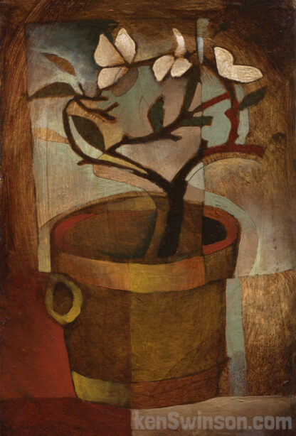 folk art abstract style painting of an orchid type plant in a clay pot