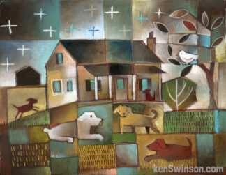 folk art abstract style painting of group of dogs in front of a house