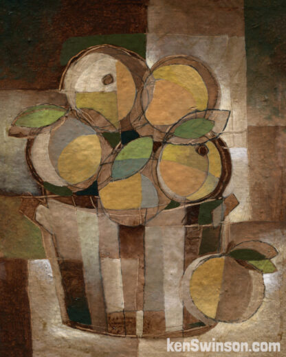 abstract folk art style painting of peaches in a basket
