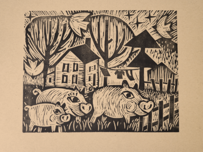 linocut of 3 pigs in mud in front of house