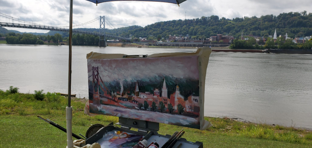 plein air painting of maysville kentucky by the ohio river from aberdeen park ohio