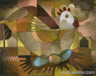 abstract folk art style painting of a chicken sitting on a nest with eggs