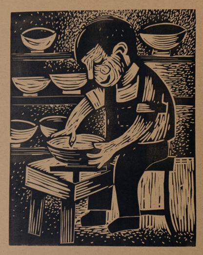 linocut of a potter working on a wheel
