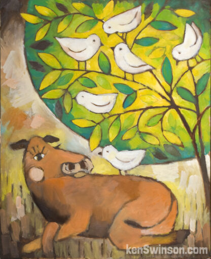 folk art style painting of cow sitting under tree with birds with front legs crossed
