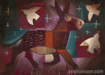 folk art style painting of a burro surrounded by birds