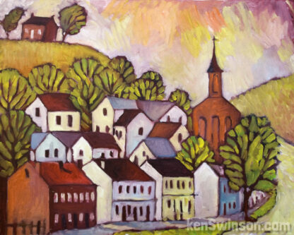 folk art style painting of ripley ohio, a river village with houses up a hill