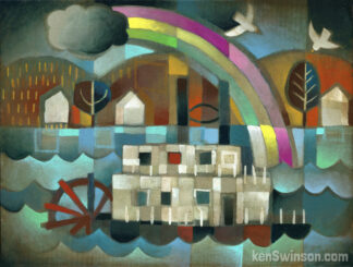 folk art abstract style painting of a paddleboat on the river under a rainbow