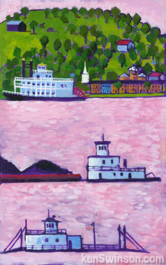 folk art style painting of a paddleboat coal barge and ferry on the ohio river with augusta kentucky in the background
